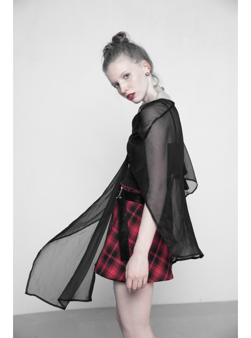 Black Chiffon Asymmetrical Hem Long Sleeve Gothic Suntan-Proof Shawl