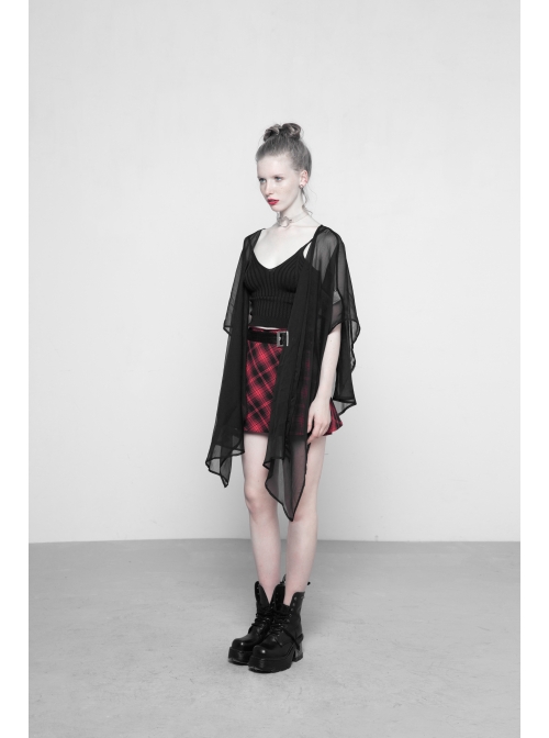 Black Chiffon Asymmetrical Hem Long Sleeve Gothic Suntan-Proof Shawl