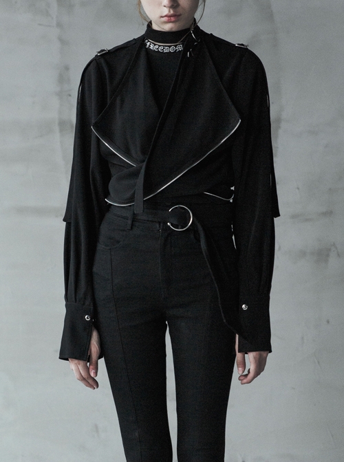 Small Hasp Stand-Up Collar Fold-Out Cuff Black Punk Profile Short Jacket
