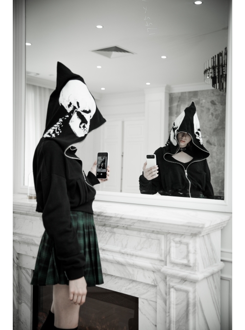 Skeleton Printing Oversized Wizard Hat Black Punk Short Profile Jacket