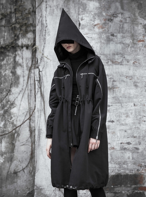 Sharp Angle Wizard Hat Personality Zipper Waist Drawstring Black Punk Long Windbreaker