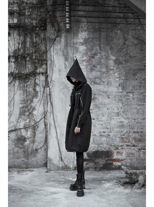Sharp Angle Wizard Hat Personality Zipper Waist Drawstring Black Punk Long Windbreaker