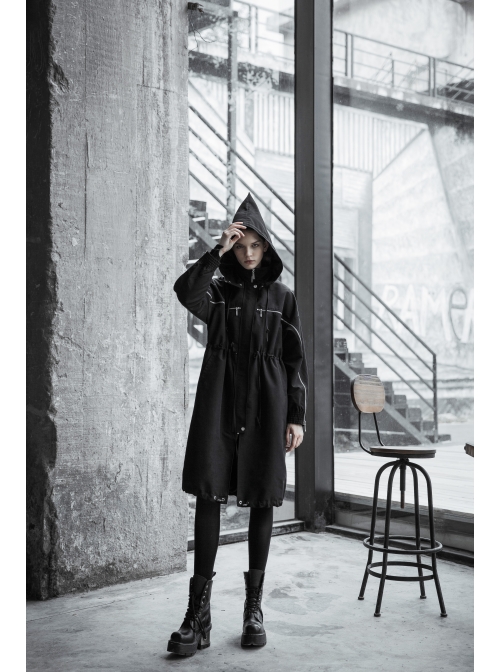 Sharp Angle Wizard Hat Personality Zipper Waist Drawstring Black Punk Long Windbreaker