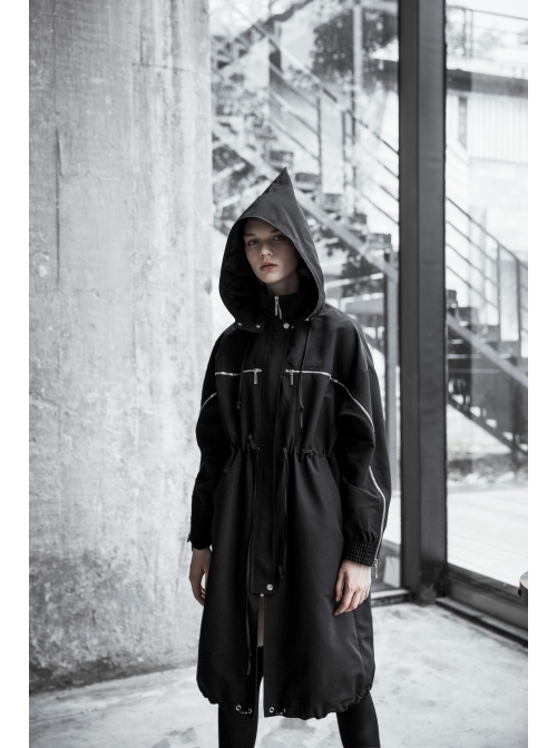 Sharp Angle Wizard Hat Personality Zipper Waist Drawstring Black Punk Long Windbreaker