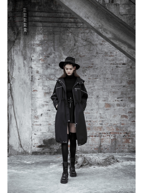 Sharp Angle Wizard Hat Personality Zipper Waist Drawstring Black Punk Long Windbreaker