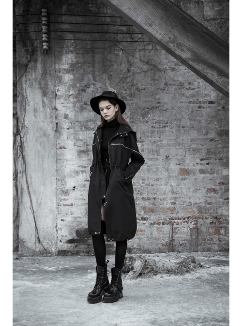 Sharp Angle Wizard Hat Personality Zipper Waist Drawstring Black Punk Long Windbreaker