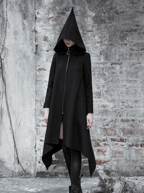 Sharp Angle Wizard Hat Moon-Shaped Zipper Asymmetrical Hem Black Punk Long Coat