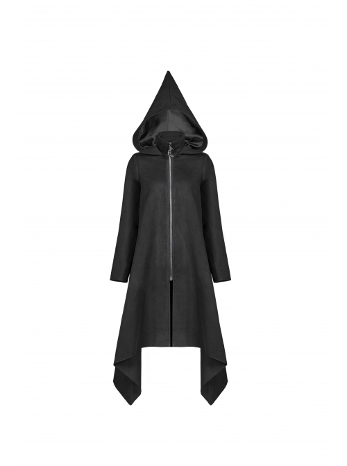 Sharp Angle Wizard Hat Moon-Shaped Zipper Asymmetrical Hem Black Punk Long Coat