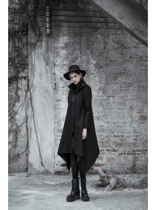 Sharp Angle Wizard Hat Moon-Shaped Zipper Asymmetrical Hem Black Punk Long Coat
