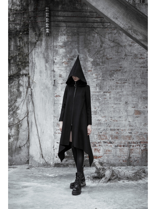 Sharp Angle Wizard Hat Moon-Shaped Zipper Asymmetrical Hem Black Punk Long Coat