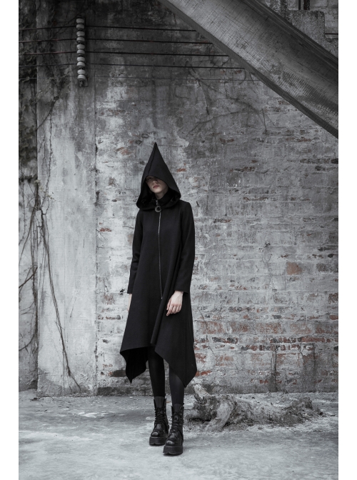 Sharp Angle Wizard Hat Moon-Shaped Zipper Asymmetrical Hem Black Punk Long Coat