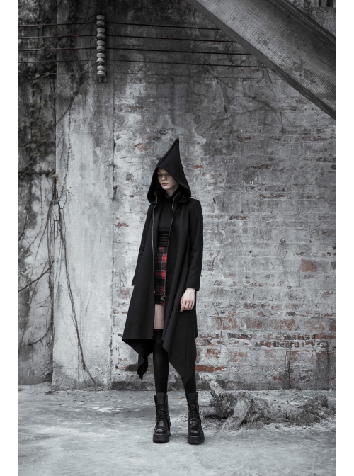 Sharp Angle Wizard Hat Moon-Shaped Zipper Asymmetrical Hem Black Punk Long Coat