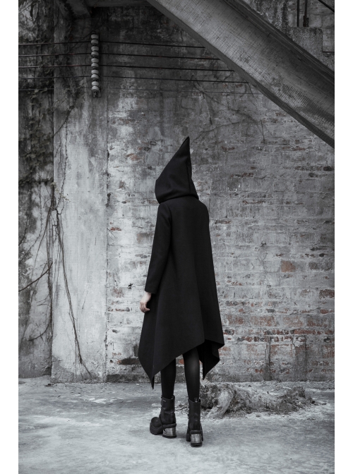 Sharp Angle Wizard Hat Moon-Shaped Zipper Asymmetrical Hem Black Punk Long Coat