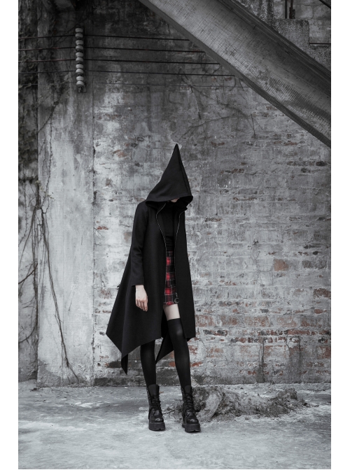 Sharp Angle Wizard Hat Moon-Shaped Zipper Asymmetrical Hem Black Punk Long Coat