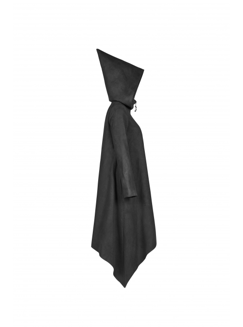 Sharp Angle Wizard Hat Moon-Shaped Zipper Asymmetrical Hem Black Punk Long Coat