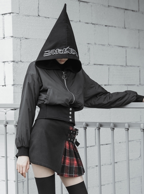 Black Sharp Angle Wizard Hat Letter Embroidery Metal Buckle Fake Waist Seal Hem Punk Short Jacket