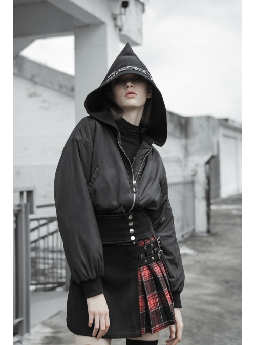 Black Sharp Angle Wizard Hat Letter Embroidery Metal Buckle Fake Waist Seal Hem Punk Short Jacket