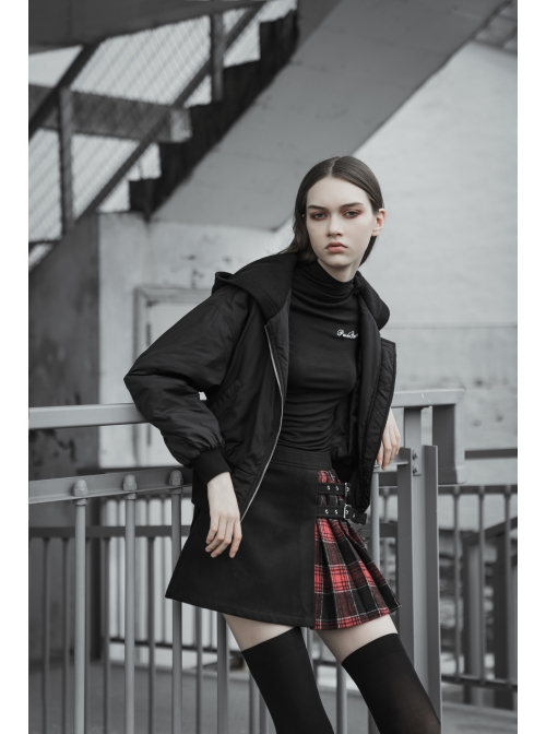Black Sharp Angle Wizard Hat Letter Embroidery Metal Buckle Fake Waist Seal Hem Punk Short Jacket