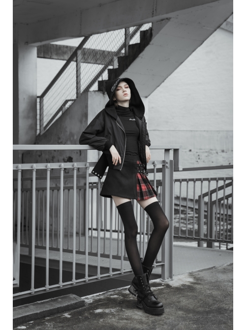 Black Sharp Angle Wizard Hat Letter Embroidery Metal Buckle Fake Waist Seal Hem Punk Short Jacket