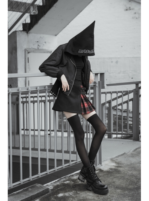 Black Sharp Angle Wizard Hat Letter Embroidery Metal Buckle Fake Waist Seal Hem Punk Short Jacket