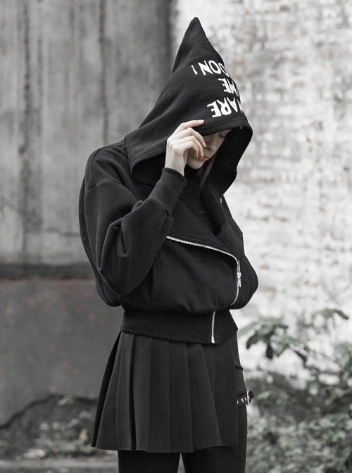 Street Embroidery Alphabet Sharp Angle Hat Drop-Shoulder Sleeve Metal Diagonal Zipper Black Punk Short Jacket