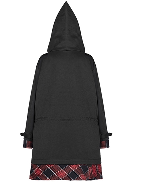 Sharp Angle Hat Waist Drawing Rope Hasp Cuff Splice Lattice Hem Black Punk Long Jacket