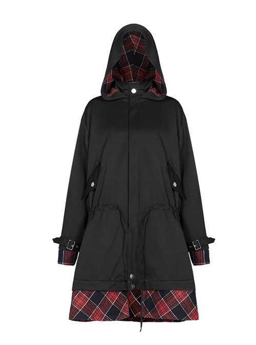Sharp Angle Hat Waist Drawing Rope Hasp Cuff Splice Lattice Hem Black Punk Long Jacket