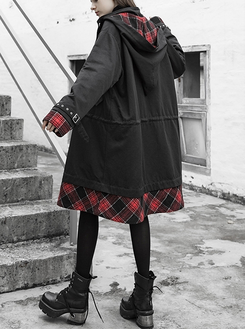 Sharp Angle Hat Waist Drawing Rope Hasp Cuff Splice Lattice Hem Black Punk Long Jacket