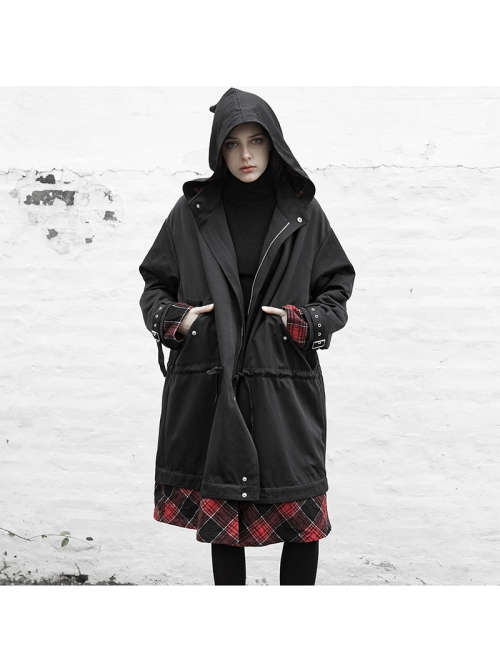 Sharp Angle Hat Waist Drawing Rope Hasp Cuff Splice Lattice Hem Black Punk Long Jacket