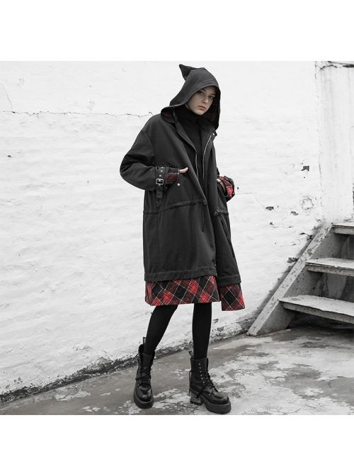Sharp Angle Hat Waist Drawing Rope Hasp Cuff Splice Lattice Hem Black Punk Long Jacket