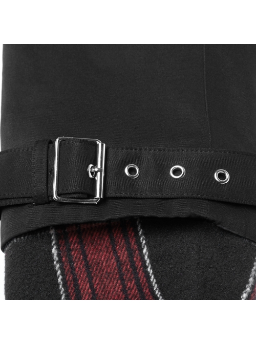 Sharp Angle Hat Waist Drawing Rope Hasp Cuff Splice Lattice Hem Black Punk Long Jacket