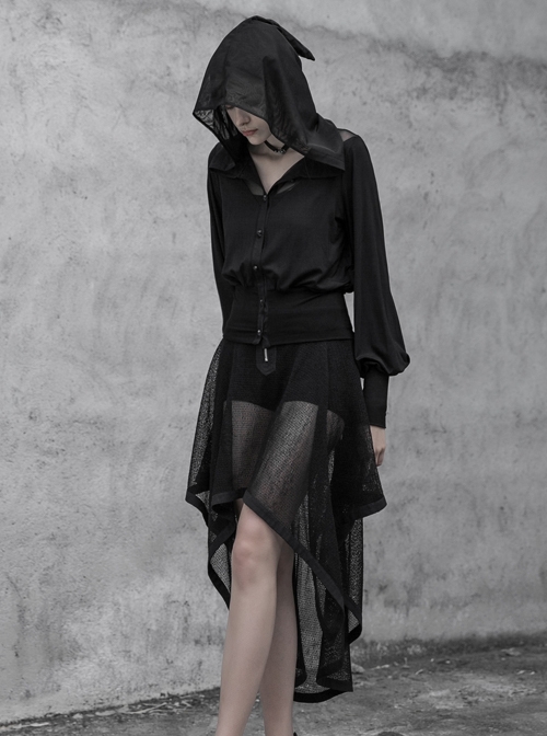 Black Splice Mesh V-Neck Sharp Angle Hat Skeleton Button Gothic Short Cardigan