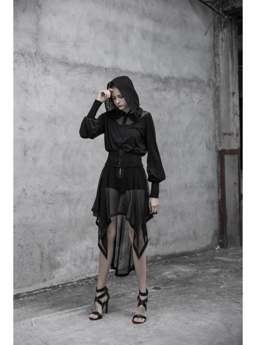 Black Splice Mesh V-Neck Sharp Angle Hat Skeleton Button Gothic Short Cardigan