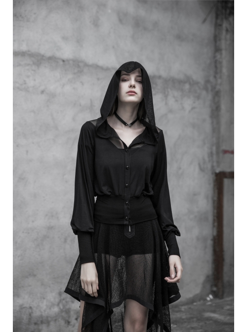 Black Splice Mesh V-Neck Sharp Angle Hat Skeleton Button Gothic Short Cardigan