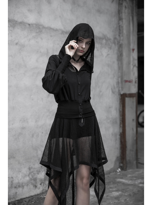 Black Splice Mesh V-Neck Sharp Angle Hat Skeleton Button Gothic Short Cardigan