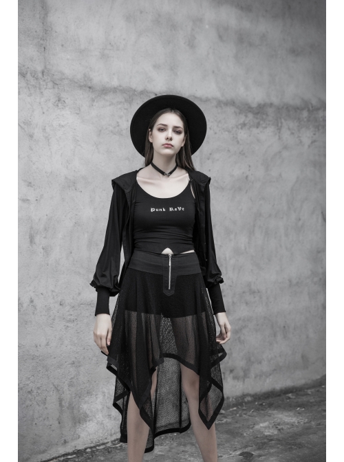 Black Splice Mesh V-Neck Sharp Angle Hat Skeleton Button Gothic Short Cardigan