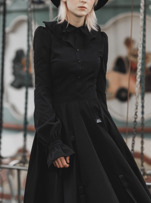Wave Lotus Collar Skull Ghost Button Lantern Sleeves Frill Cuff Black Gothic Blouse