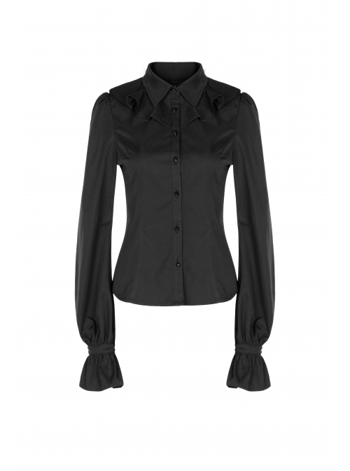Wave Lotus Collar Skull Ghost Button Lantern Sleeves Frill Cuff Black Gothic Blouse