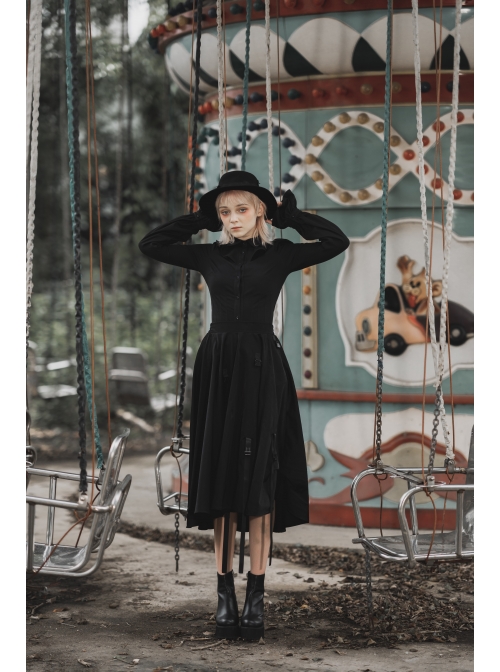 Wave Lotus Collar Skull Ghost Button Lantern Sleeves Frill Cuff Black Gothic Blouse