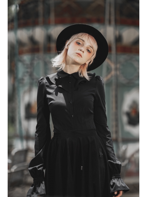 Wave Lotus Collar Skull Ghost Button Lantern Sleeves Frill Cuff Black Gothic Blouse