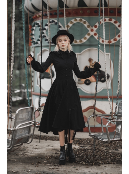 Wave Lotus Collar Skull Ghost Button Lantern Sleeves Frill Cuff Black Gothic Blouse
