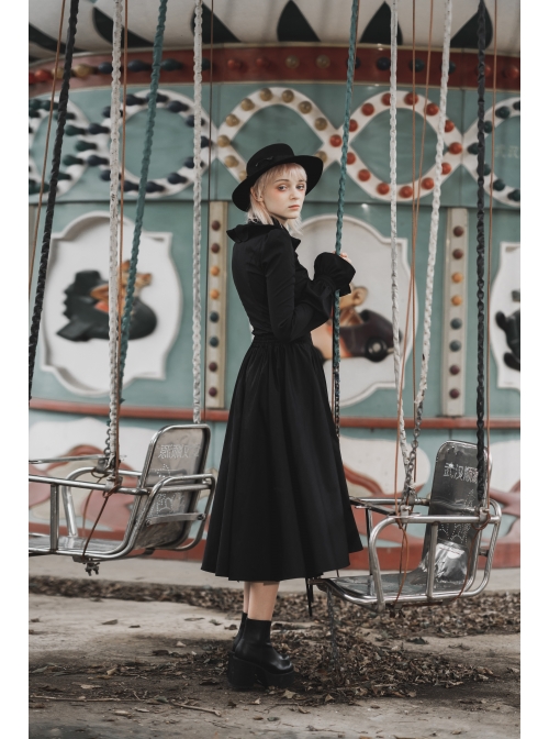 Wave Lotus Collar Skull Ghost Button Lantern Sleeves Frill Cuff Black Gothic Blouse