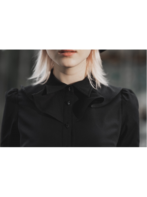 Wave Lotus Collar Skull Ghost Button Lantern Sleeves Frill Cuff Black Gothic Blouse