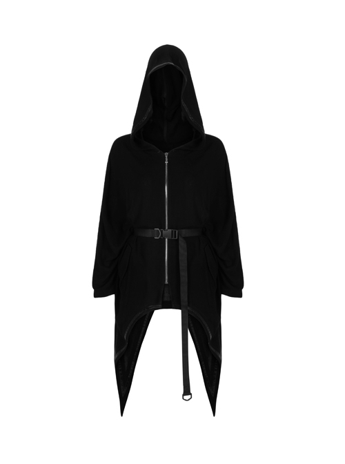 Spire Cap Metal Heart-Shaped Zipper Waist Hasp Irregular Sharp-Angle Hem Black Punk Coat