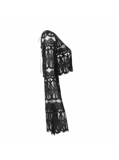 Pattern Lace Lace-Up Metal Pendant Long Horn Sleeve Black Gothic Short Cardigan