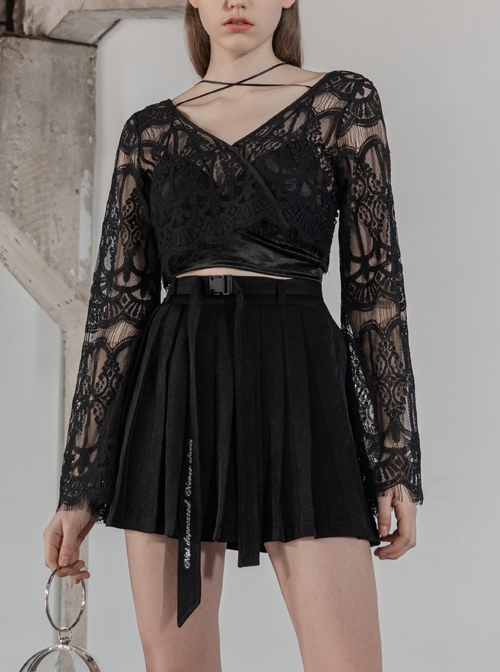 Pattern Lace Lace-Up Metal Pendant Long Horn Sleeve Black Gothic Short Cardigan