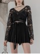 Pattern Lace Lace-Up Metal Pendant Long Horn Sleeve Black Gothic Short Cardigan