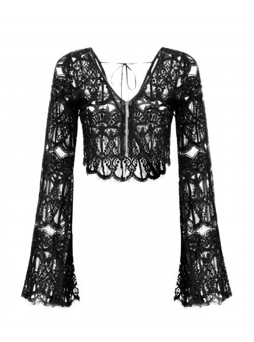 Pattern Lace Lace-Up Metal Pendant Long Horn Sleeve Black Gothic Short Cardigan