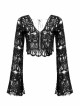Pattern Lace Lace-Up Metal Pendant Long Horn Sleeve Black Gothic Short Cardigan
