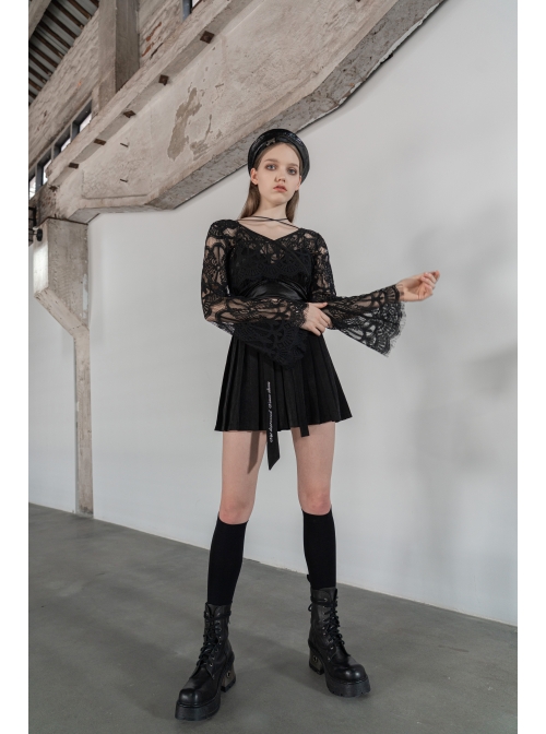 Pattern Lace Lace-Up Metal Pendant Long Horn Sleeve Black Gothic Short Cardigan